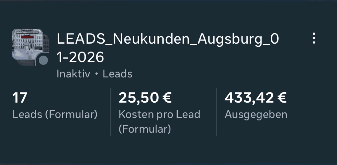 Meta Ads Ergebnis: 17 Neukunden-Leads in Augsburg für 25,50 € pro Lead