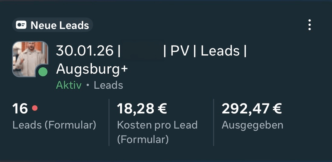 Meta Ads Ergebnis: 16 PV-Leads in Augsburg für 18,28 € pro Lead