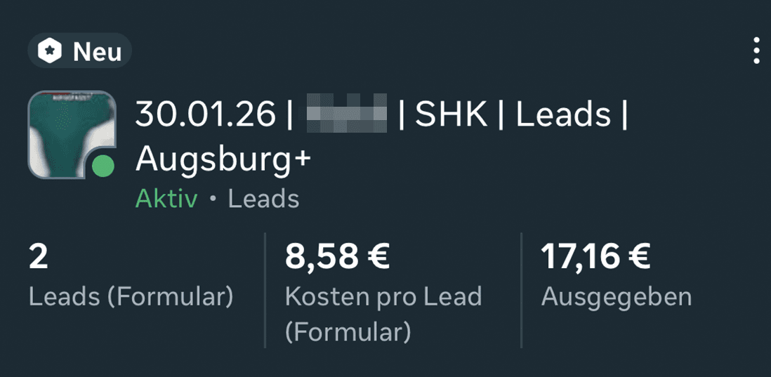 Meta Ads Ergebnis: 2 SHK-Meister-Leads in Augsburg für 8,58 € pro Lead, beide eingestellt