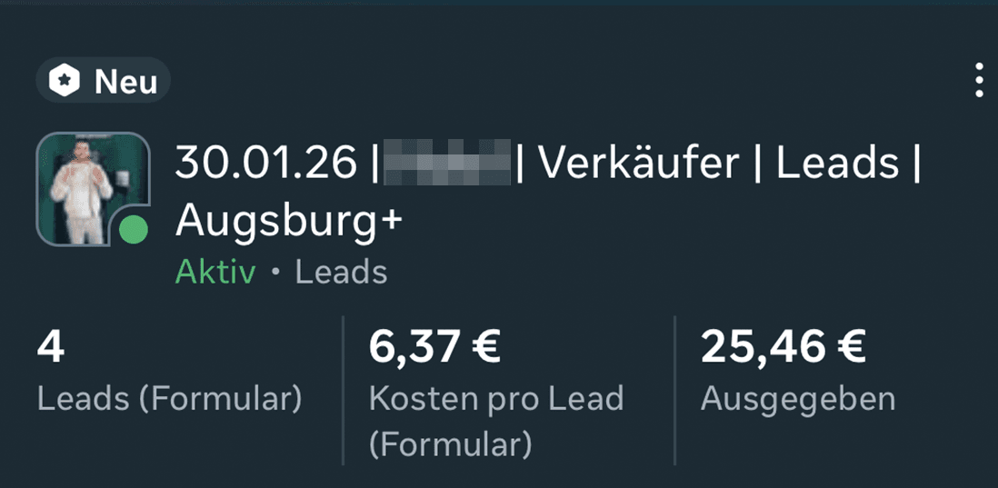 Meta Ads Ergebnis: 4 Vertriebsmitarbeiter-Leads für ein KMU in Augsburg, 6,37 € pro Lead, einer eingestellt